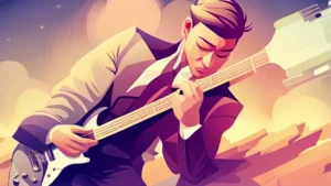 Persona tocando la guitarra eléctrica al lado izquierdo en fondo degradado